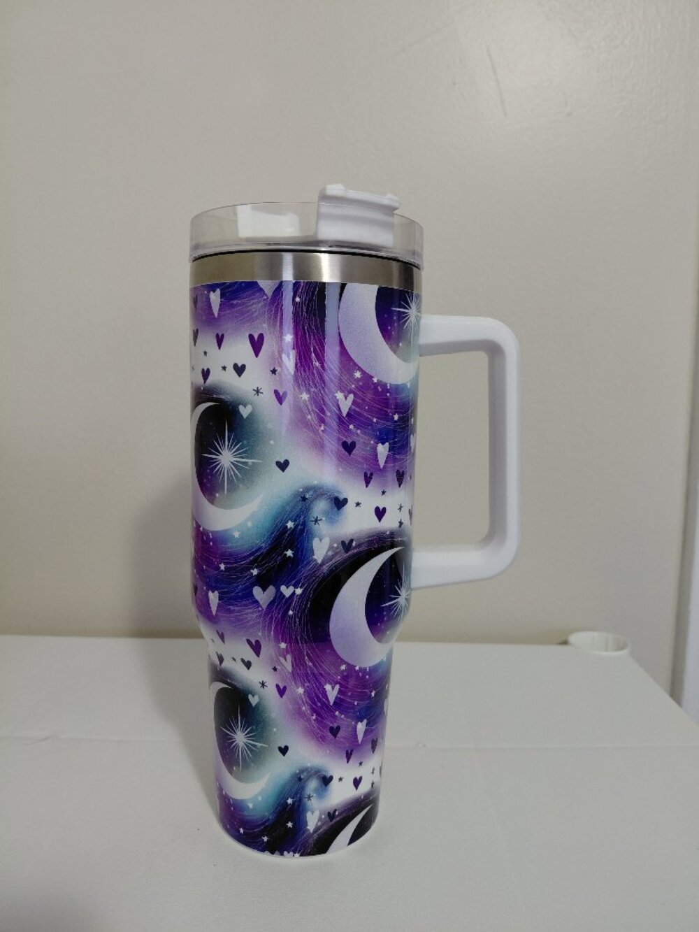 New Purple Celestial Moon and Hearts Tumbler with Handle